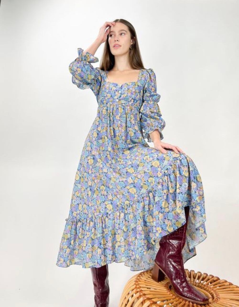 Kristinit Love Dress Blue Yellow Floral Boho Modern Prairie Womans XS